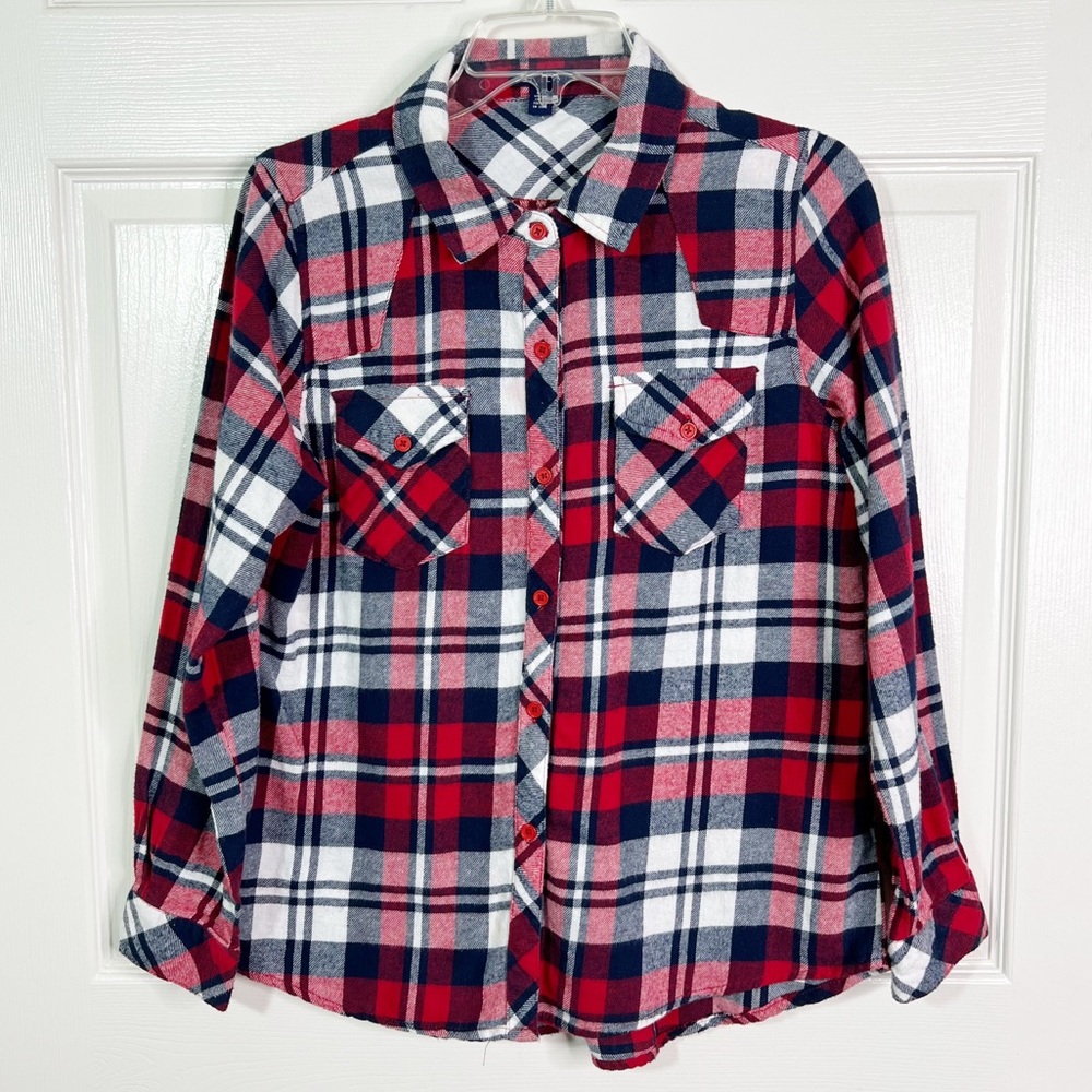 UK2LA Plaid Lightweight Flannel Long Sleeve Button Down Shirt Red White Blue Lg